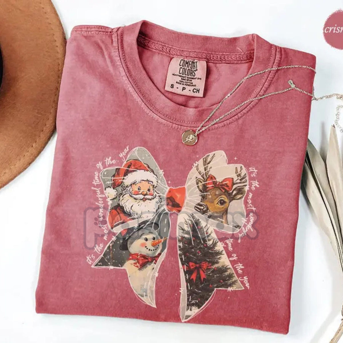 Comfort Colors® Cozy Women's Christmas T-Shirt – Nostalgic Holiday Bow Tee, Eco-Friendly Santa Reindeer Shirt, Vintage Winter Blue Jean