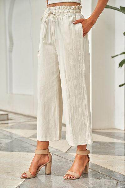 Drawstring Paperbag Waist Wide Leg Pants for Women