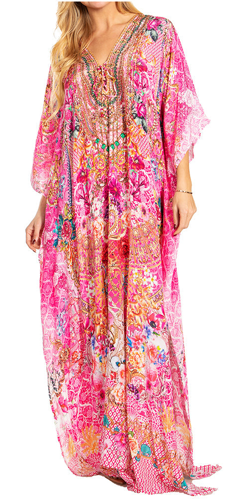 Sakkas Georgettina 2025 Flowy Rhinestone V Neck Long Caftan Dress / Cover Up
