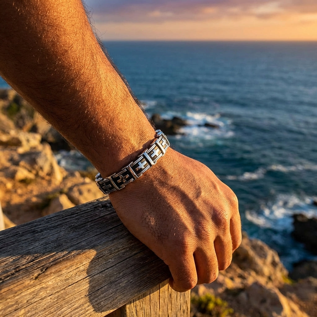 Heavy Silver Black Bracelet Cross Links for Mens Bangle Stainless Steel Engraved Boys Cuff Heavy Design Christian Jewelry Jewellery