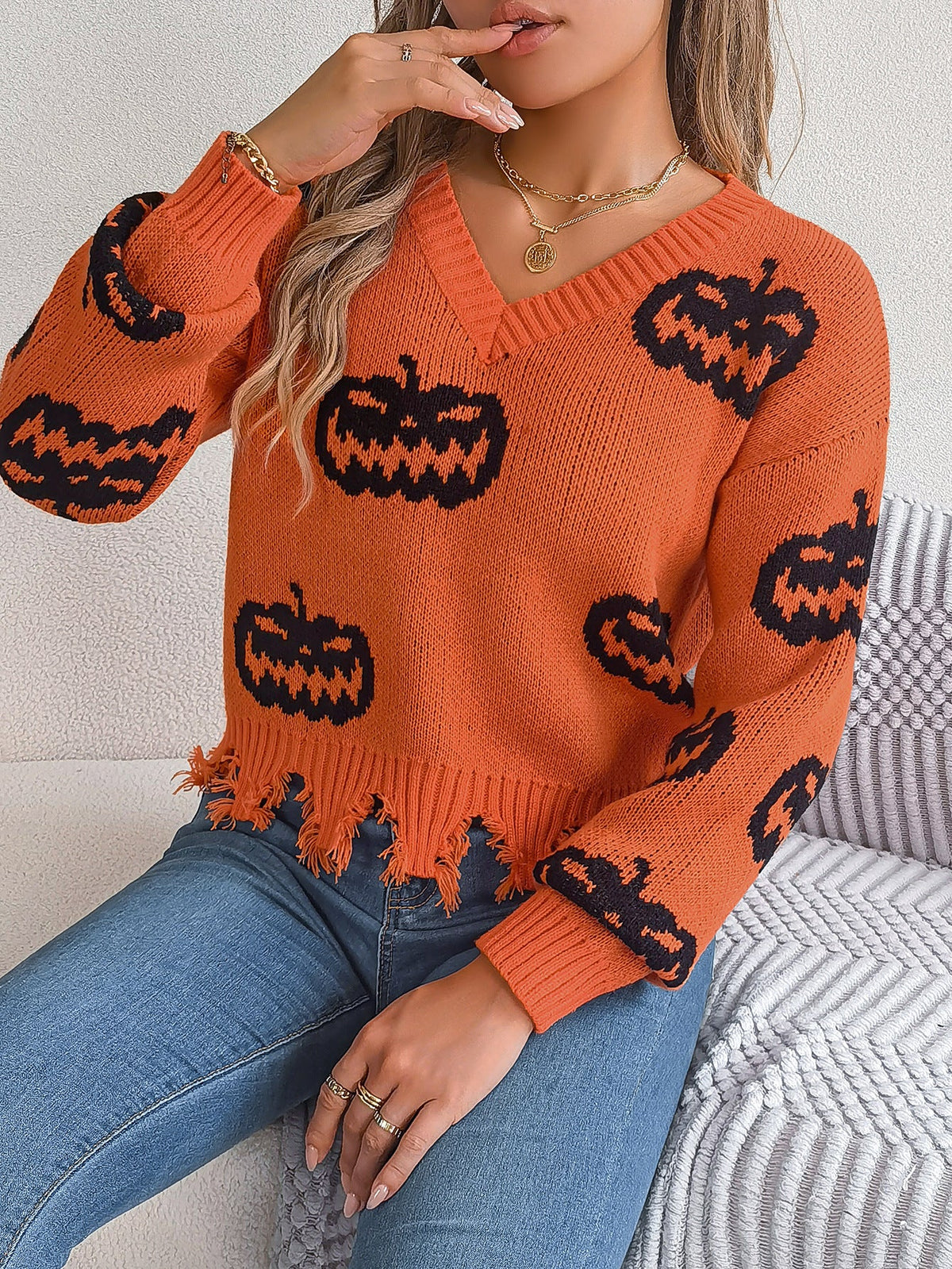 Autumn Winter Halloween Contrast Color Pumpkin Cut Rotten Long Sleeve Pullover Women Clothing
