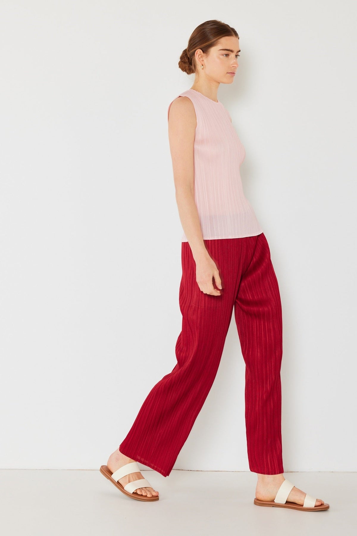 Pleated classic straight long pants - P01BS_Maroon Red