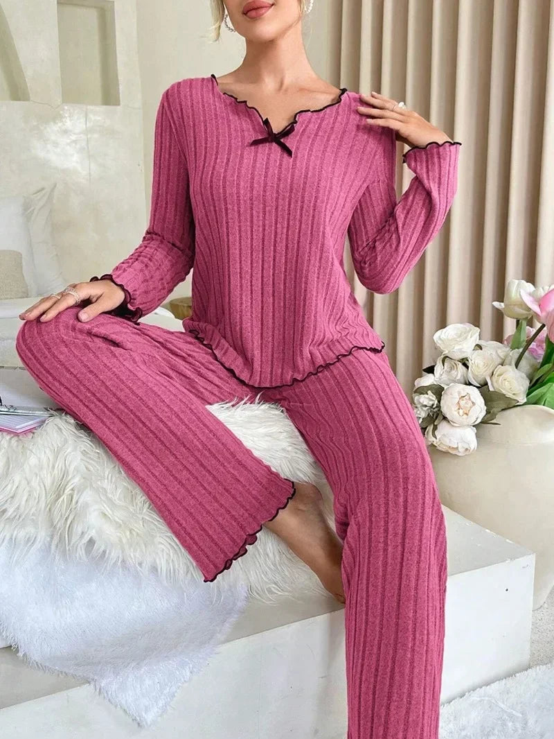 Flannel Warm Sleepwear Women Casual Pajamas Set Long Sleeve T-shirt Top and Trousers Set Homewear Autumn Winter Loungewear