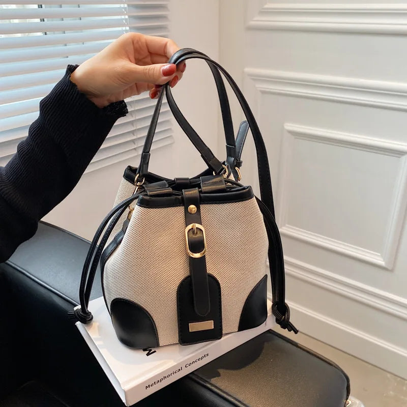 Women Fashion Bucket Bag New 2025 Trendy Single-shoulder Bag with Canvas Patchwork Luxury Texture Crossbody Bags
