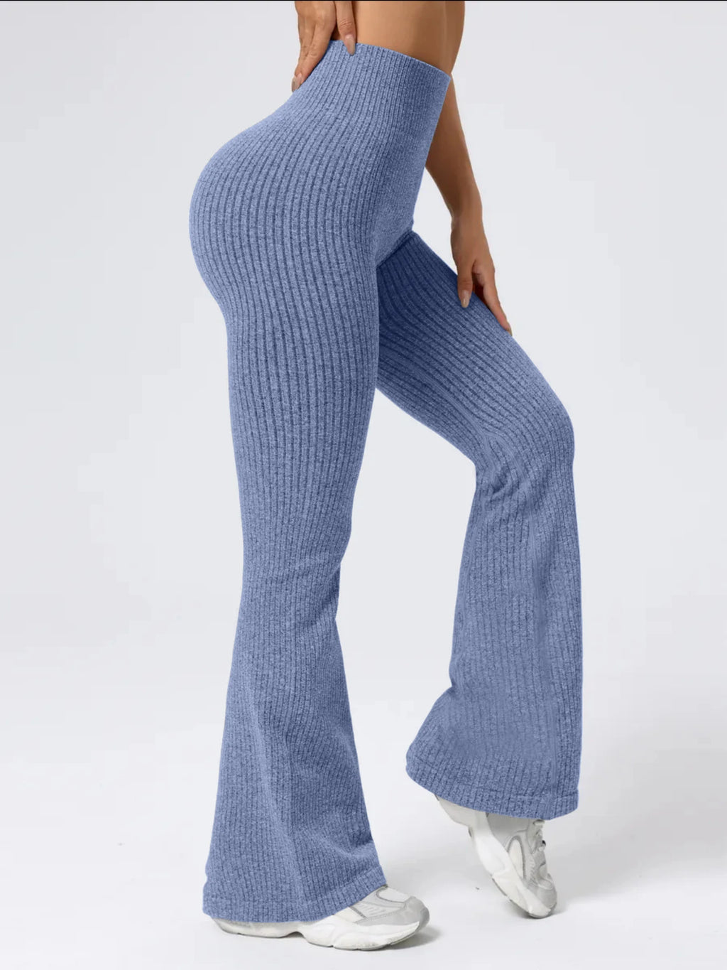 Women's High-Waist Seamless Ribbed Yoga Pants, Full-Length Stretch Workout Leggings showing ribbed knit texture