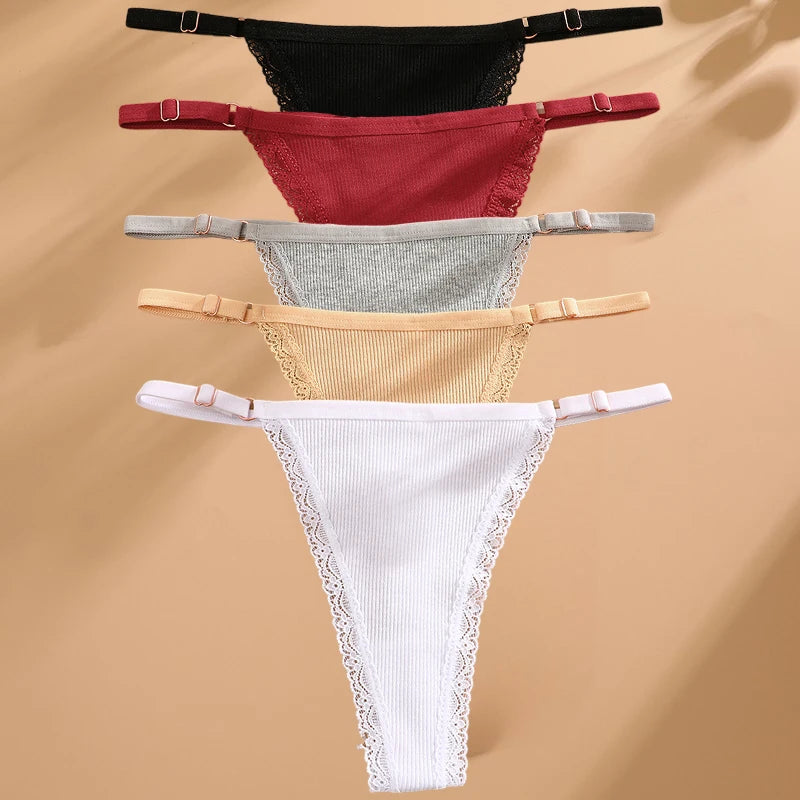 5PCS/Set Cotton Panties Sexy G-String Women's Underwear T-Back Lingerie Femme Underpants Briefs Adjustable Waist Thong Intimates