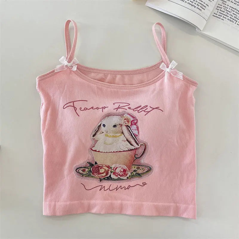 Cute Rabbit Print Crop Tank Top – Kawaii Backless Top