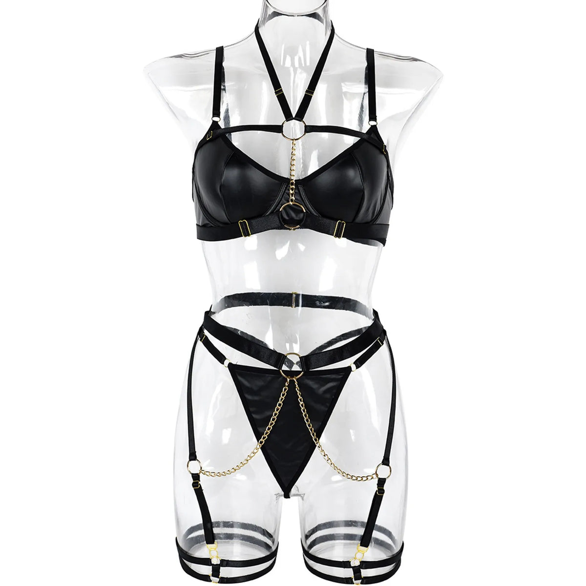 Women’s PU Leather Lingerie Set – Chain Waist Bra, Panty & Garters