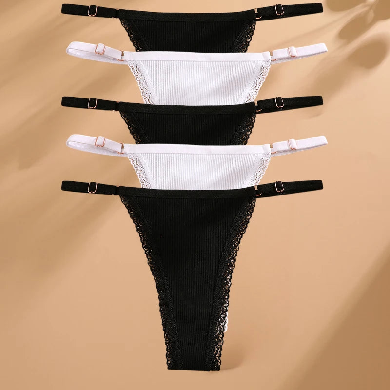 5PCS/Set Cotton Panties Sexy G-String Women's Underwear T-Back Lingerie Femme Underpants Briefs Adjustable Waist Thong Intimates