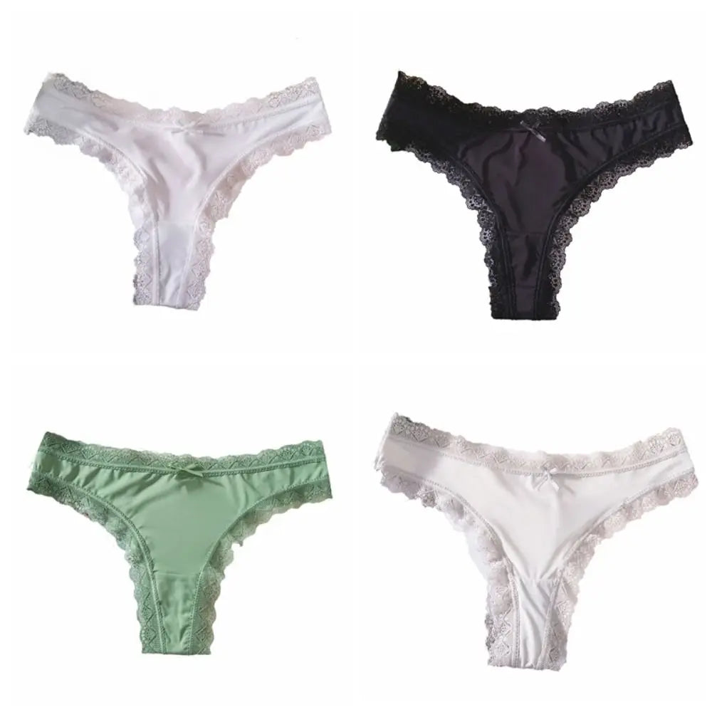 Comfortable Seamless Ice Silk Panties Cotton Crotch Thong Lace Bow Briefs Underwear Low Waist Women's Summer Panties Girl