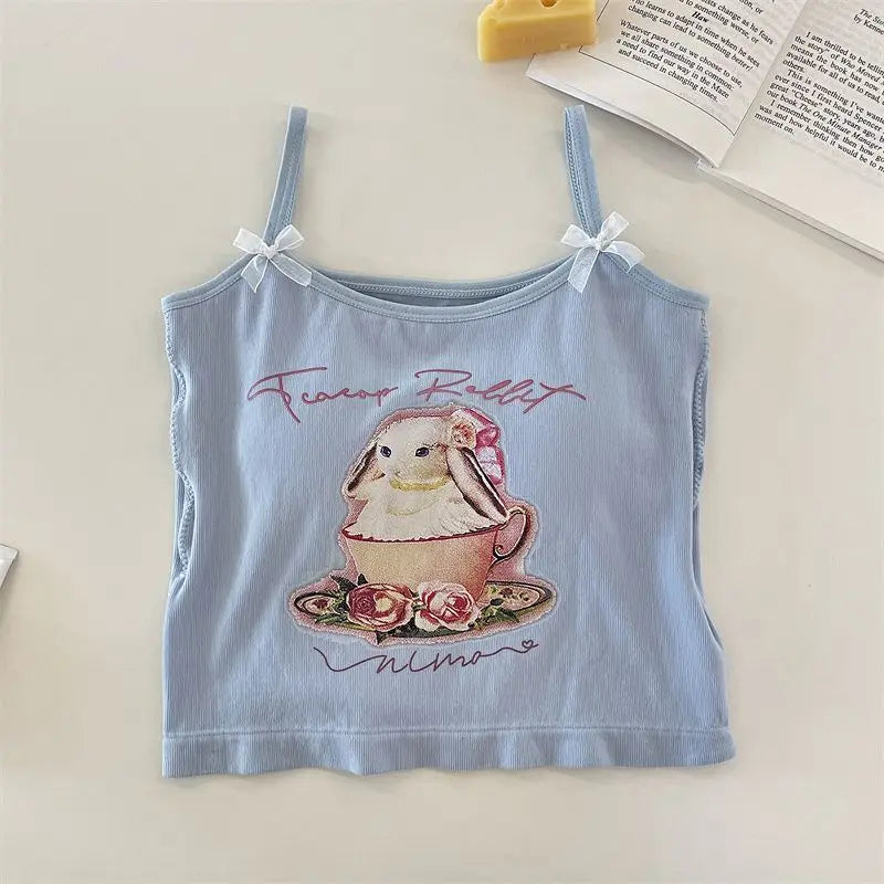 Cute Rabbit Print Crop Tank Top – Kawaii Backless Top
