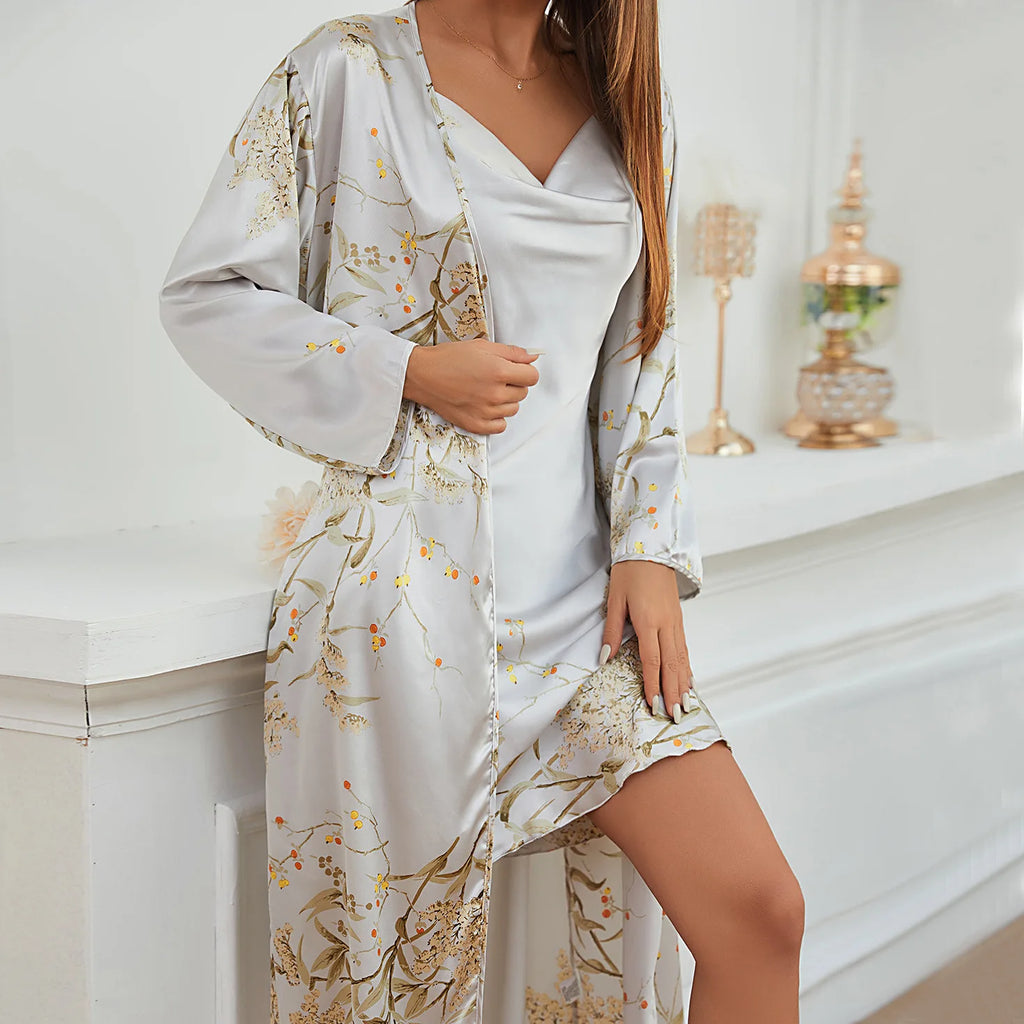 Women's Loungewear Set With Tied Robe And Long Sleep Dress, Thin Outerwear And Mid-length Pajama Set