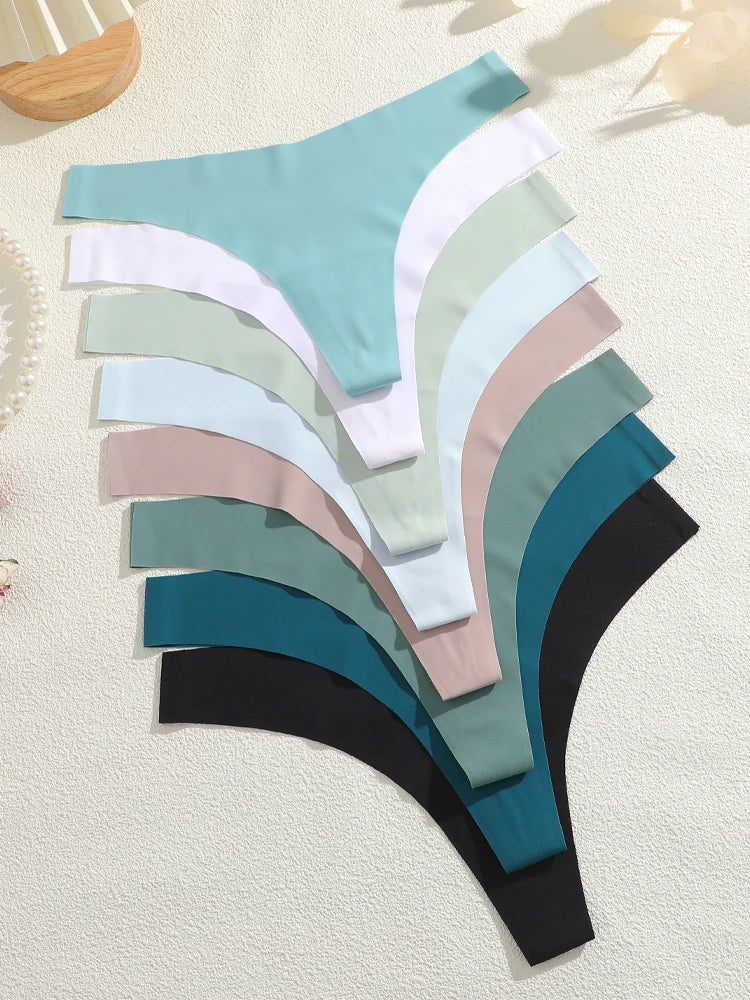 5Pcs Ice Silk Seamless Thongs Women's V-Waist Solid Color Panties Sexy Breathable Low Rise Underwear Invisible Bikini Lingerie