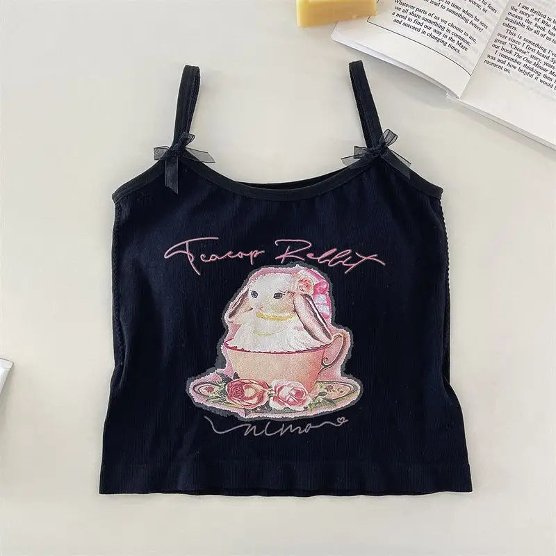 Cute Rabbit Print Crop Tank Top – Kawaii Backless Top