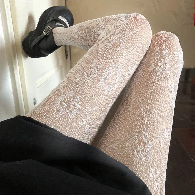 1pair White and Black Hollowed Out Lace Mesh Floral Mesh Stockings