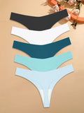 5Pcs Ice Silk Seamless Thongs Women's V-Waist Solid Color Panties Sexy Breathable Low Rise Underwear Invisible Bikini Lingerie