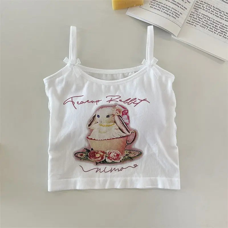 Cute Rabbit Print Crop Tank Top – Kawaii Backless Top