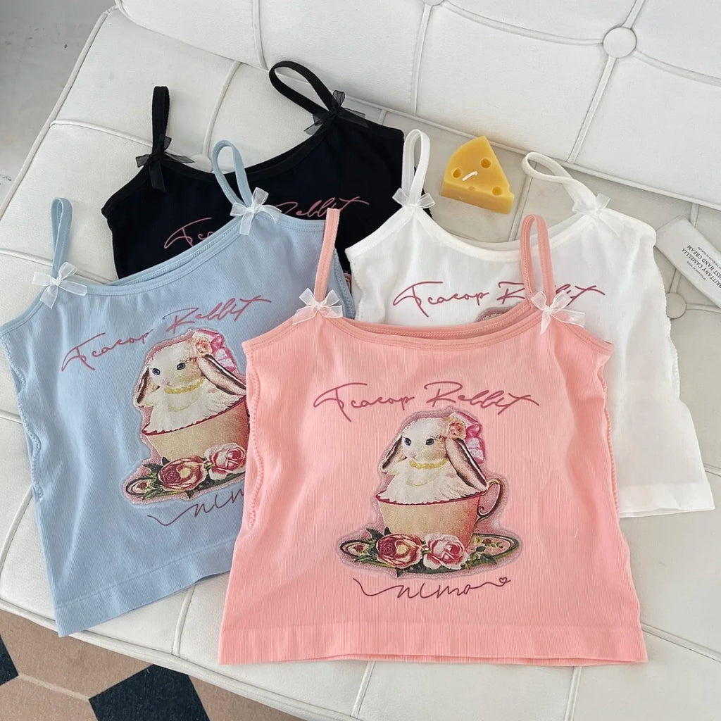 Cute Rabbit Print Crop Tank Top – Kawaii Backless Top