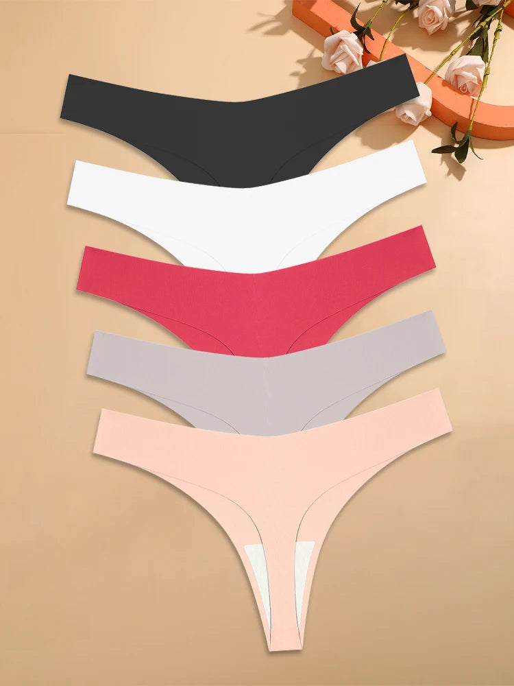 5Pcs Ice Silk Seamless Thongs Women's V-Waist Solid Color Panties Sexy Breathable Low Rise Underwear Invisible Bikini Lingerie