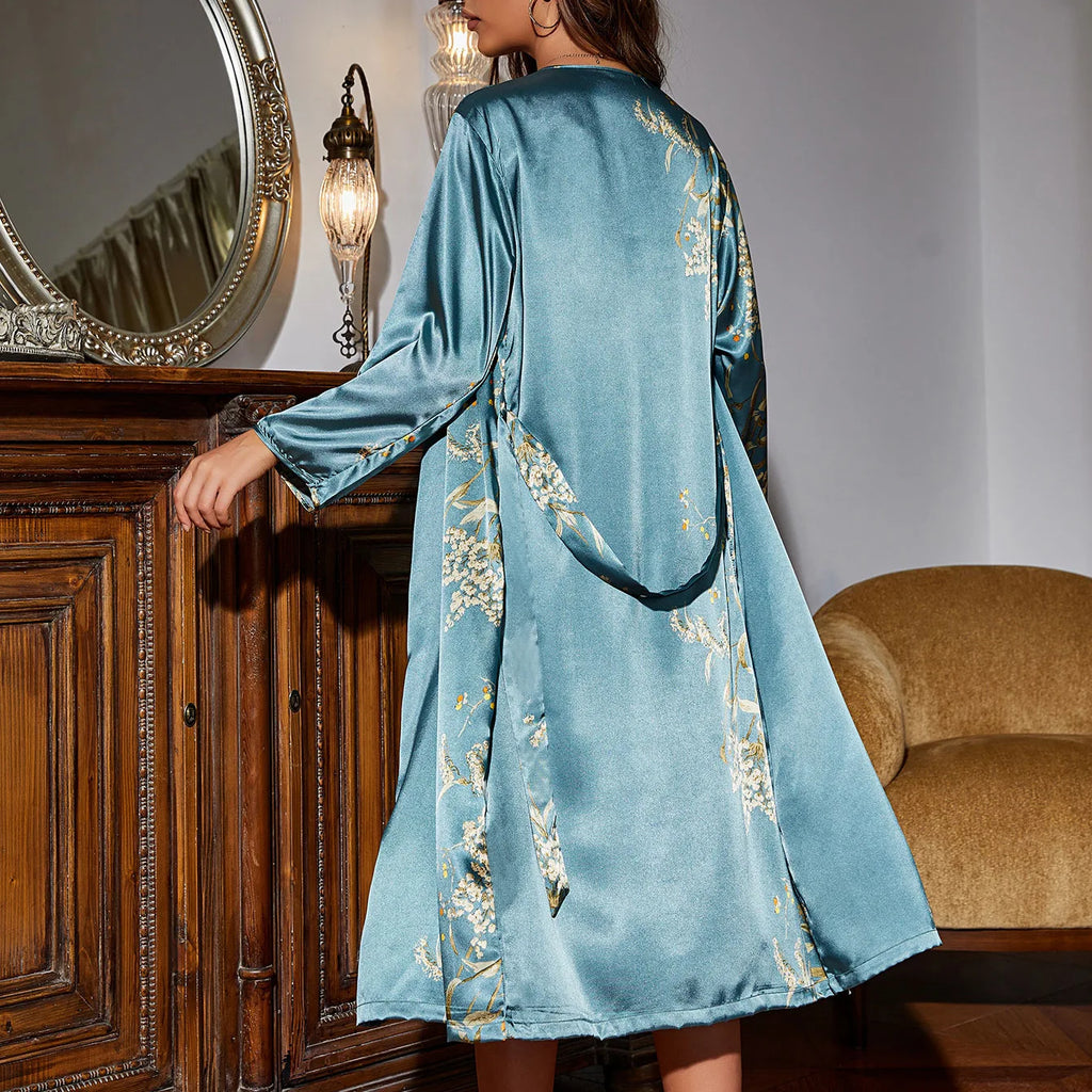 Women's Loungewear Set With Tied Robe And Long Sleep Dress, Thin Outerwear And Mid-length Pajama Set