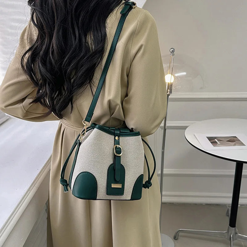 Women Fashion Bucket Bag New 2025 Trendy Single-shoulder Bag with Canvas Patchwork Luxury Texture Crossbody Bags
