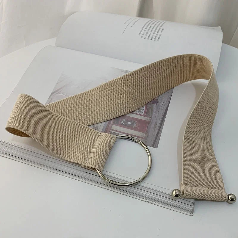 Women's Elastic Wide Round Woven Canvas Waist Belt, 5cm Stretch Fashion Cinch Belt woven texture close-up