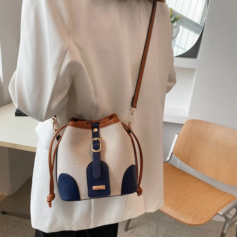 Women Fashion Bucket Bag New 2025 Trendy Single-shoulder Bag with Canvas Patchwork Luxury Texture Crossbody Bags
