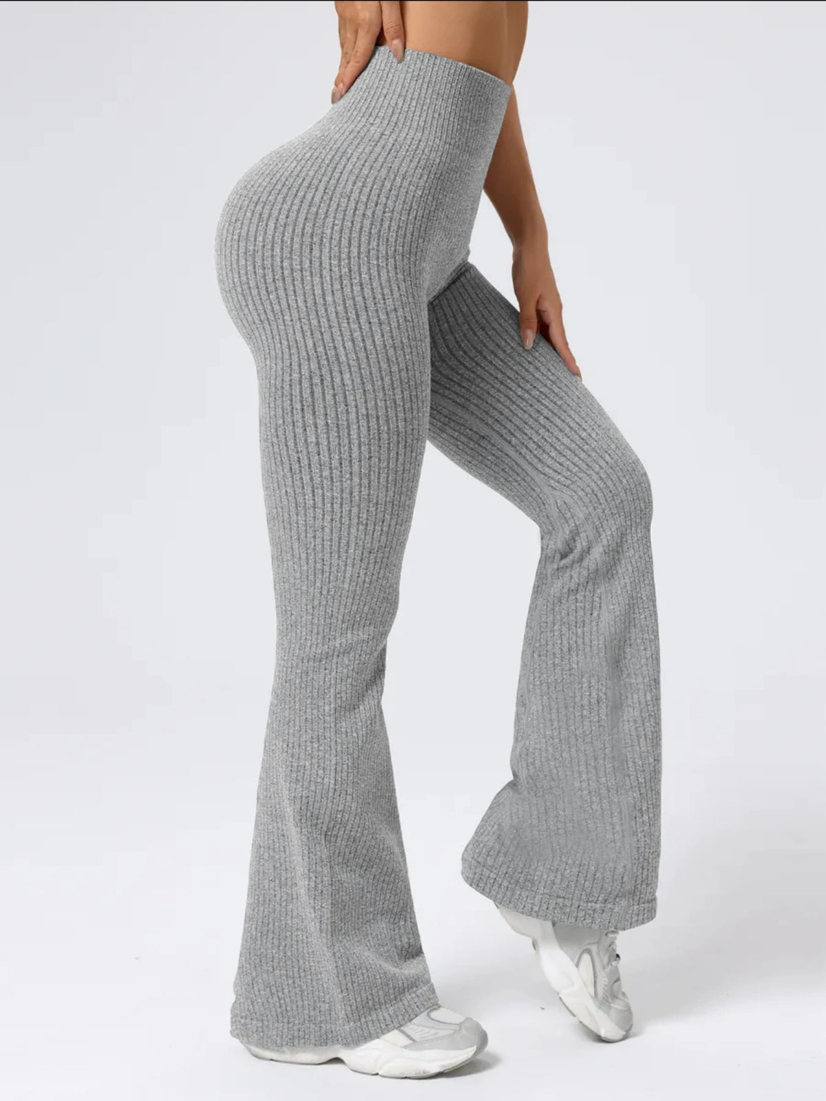 Women's High-Waist Seamless Ribbed Yoga Pants, Full-Length Stretch Workout Leggings side view