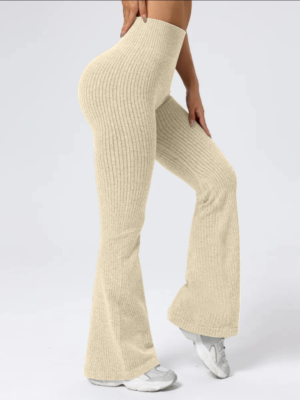 Women's High-Waist Seamless Ribbed Yoga Pants, Full-Length Stretch Workout Leggings with supportive elastic waistband