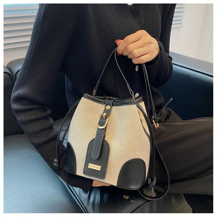 Women Fashion Bucket Bag New 2025 Trendy Single-shoulder Bag with Canvas Patchwork Luxury Texture Crossbody Bags