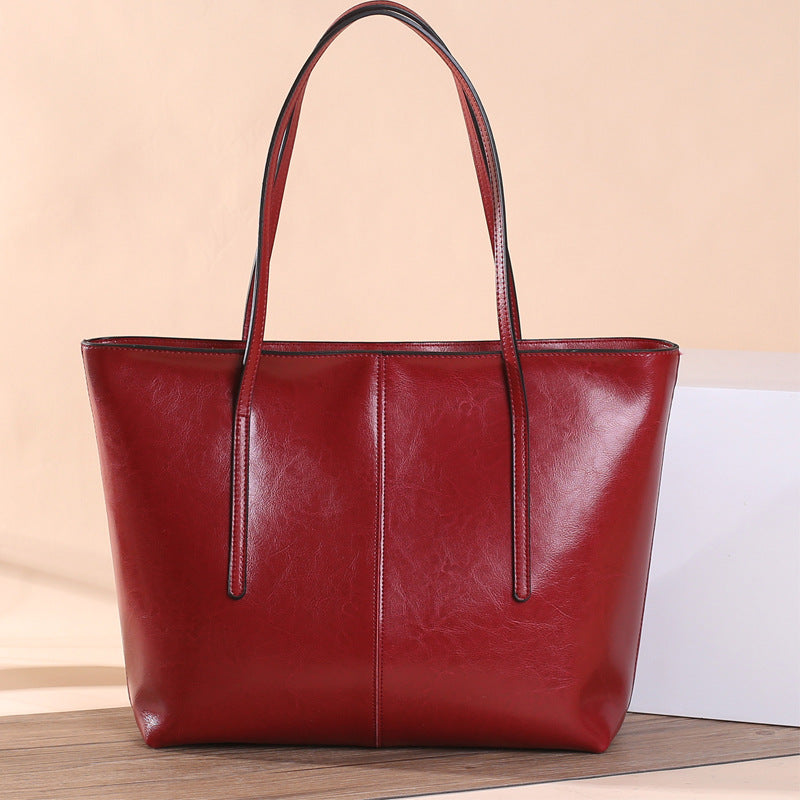 Top Grain Leather Tote Bag For Women Casual Large Shoulder Bag Simple Style Handbags Gift For Her