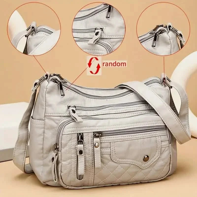 Fashion Multi Zipper Crossbody Bag, Soft Vegan Leather Shoulder Bag, Women's Multi Pockets Handbag Purse