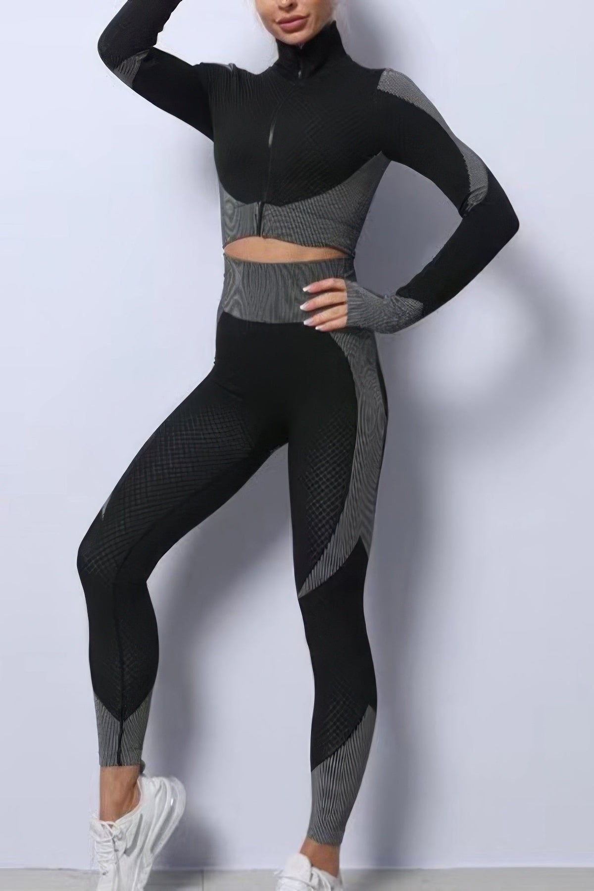 JULIETTA COLLECTION black and grey color block long-sleeve zip-up top and high-waisted leggings activewear set