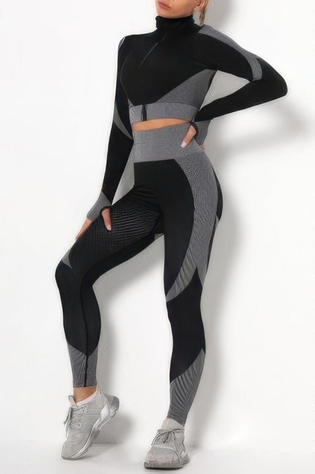 JULIETTA COLLECTION black and grey color block long-sleeve zip-up top and high-waisted leggings activewear set
