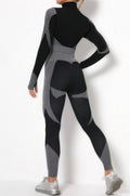JULIETTA COLLECTION black and grey color-block long-sleeve activewear set with high-waisted leggings, rear view.